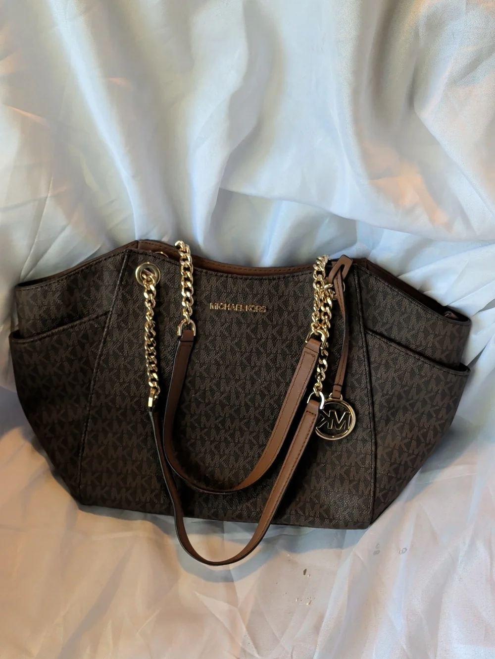 Michael Kors Brown Signature Chain-Accent Tote